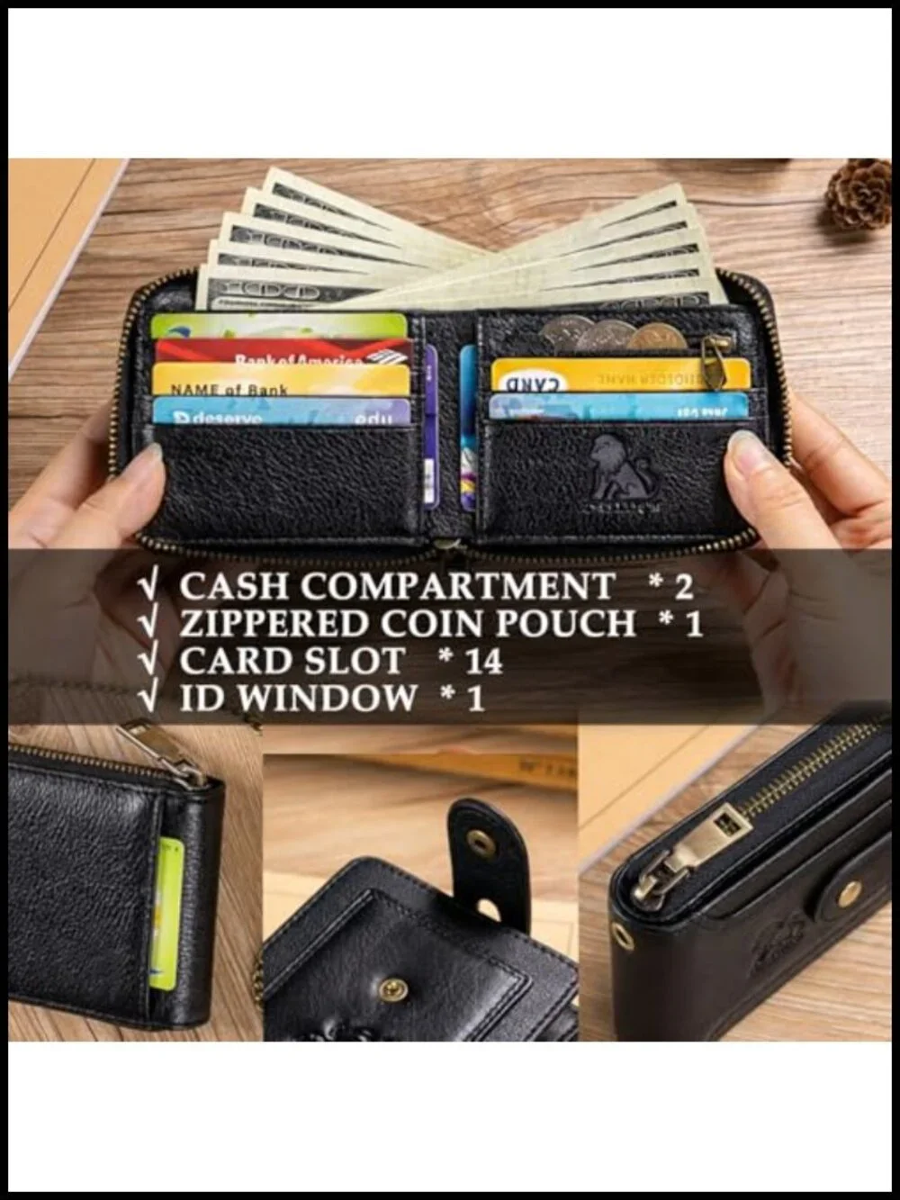 Men's RFID Blocking Bifold Leather Wallet with 15 Card Slots